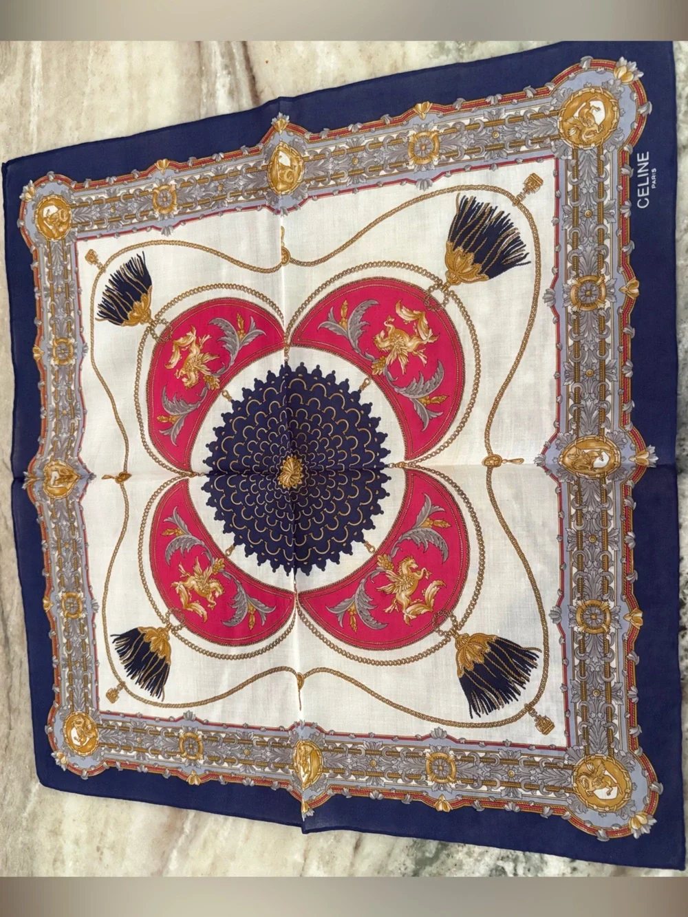Celine pink, blue, white luxury scarf Neckerchief or Bow 19 x 19”